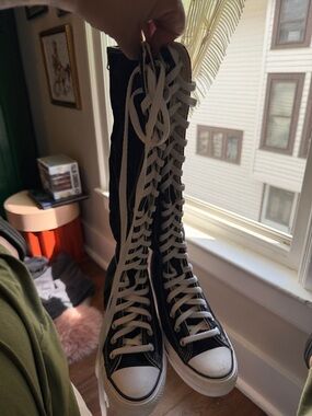 Black High-Top Lace-Up Knee Boots with White Accents